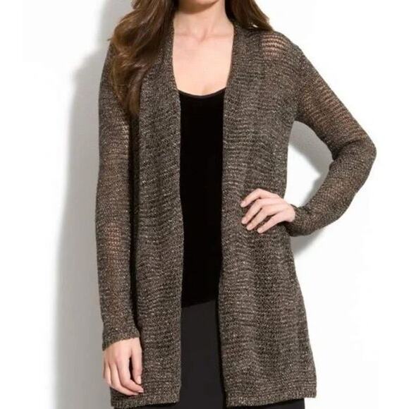 Eileen Fisher Sweater Cardigan Open Knit Linen Cotton Size PM Coastal Lagenlook - Picture 1 of 9